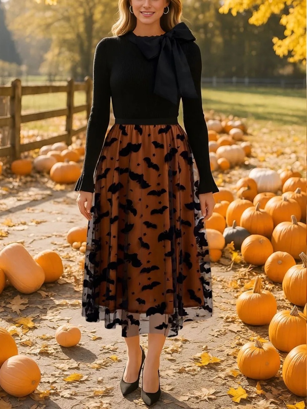 Chicwish Pumpkin Orange Black Velvet Bats Mesh Tulle Midi Skirt Halloween S
